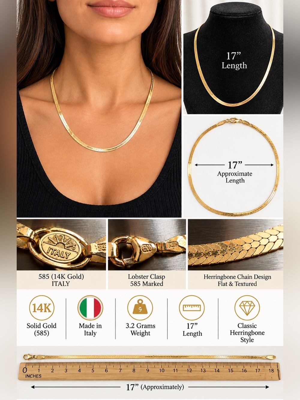 14K 585 Italian Gold Herringbone Chain Necklace 17” 3.2g Italy